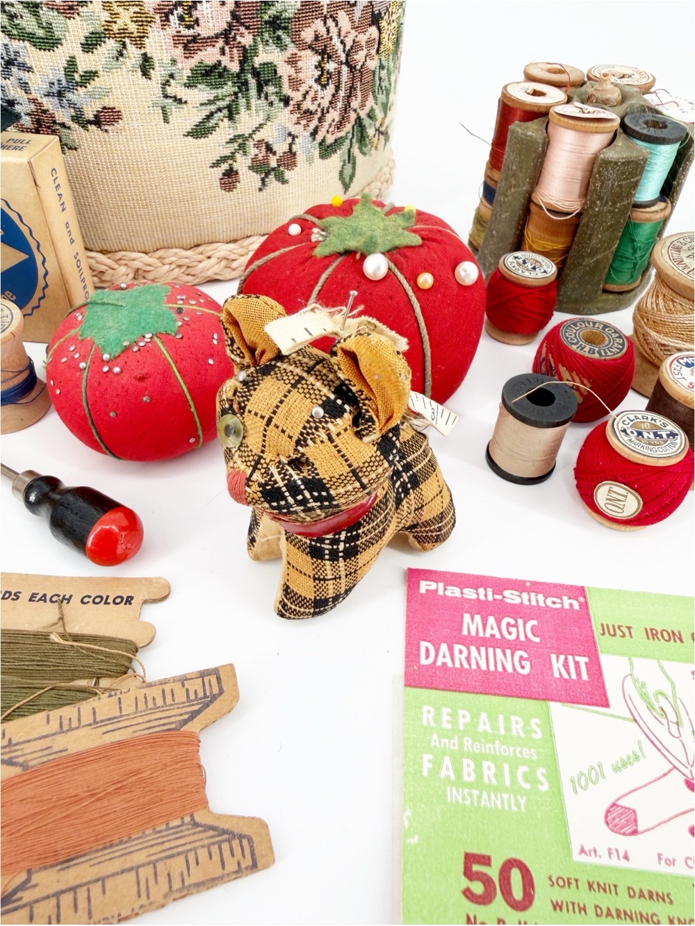 Vintage Tapestry Sewing Basket Full of Vintage Sewing Supplies - Picture 13 of 13